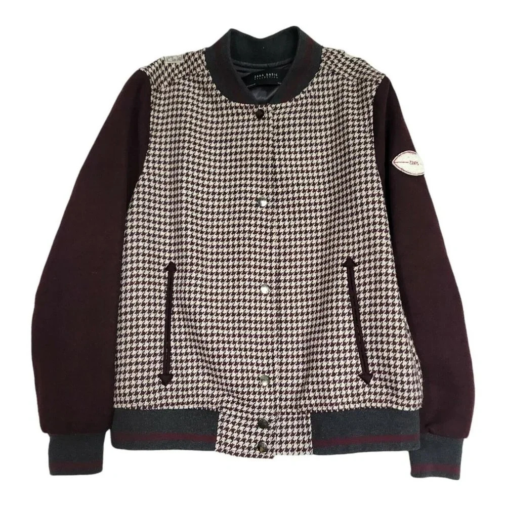 Zara Basic Womens Medium Burgundy Wool Tweed Houndstooth Suede Varsity Jacket S